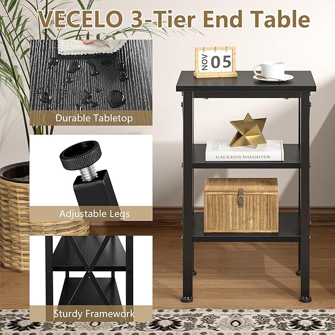 VECELO End Table Set of 2, Bedside Table, 24" Tall Living Room End Tables, X-Design Reinforced Nightstands, Side Table with 3-Tier Storage Shelves for Small Spaces, Office, Bedroom, Classic Black