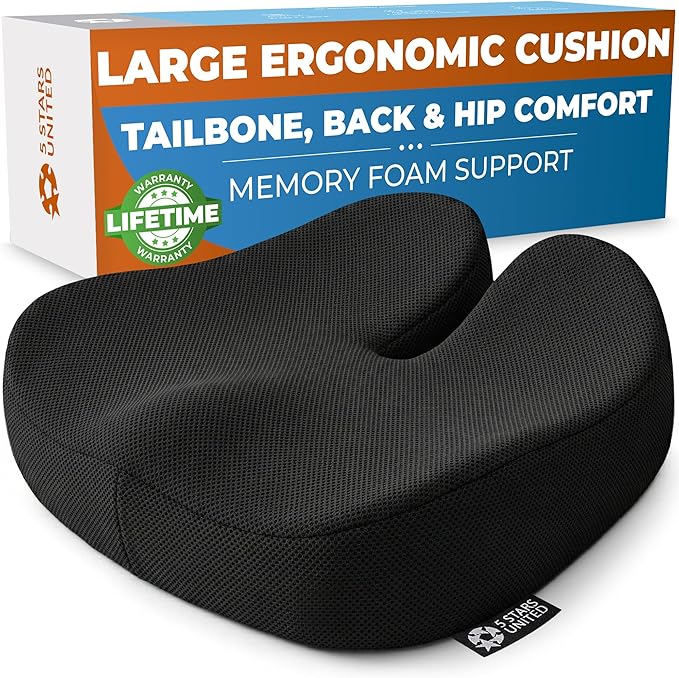 5 STARS UNITED Seat Cushion for Tailbone Pain Relief – Memory Foam Cushion for Coccyx, Hip, Sciatica & Post-Surgery Recovery – Wheelchair, Car, Desk, Gaming & Office Chairs, Black, XX-Large