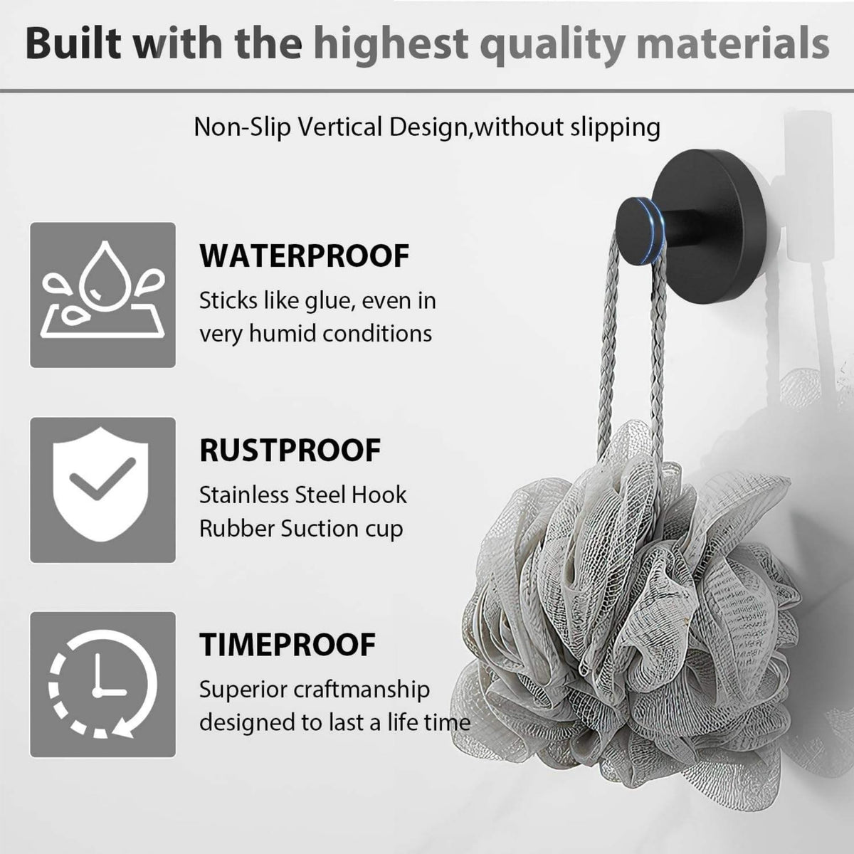 BRMUEIX 4 Pack Suction Cup Hooks for Shower,Glass Door Tile & Windows,Towel Hooks for Bathrooms,No Drill Stainless Steel Bathroom Hooks,Removable Suction Cup Wreath Hangers for Front Door(Black)