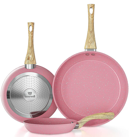 Frying Pan Nonstick Set, 8" & 9.5" & 11" Pink Egg Pan, Non Stick Fry Pan Set PFOA-Free Omelet Pan, Toxin-Free Skillets Stone Cookware, Anti-Warp Base with All Stove Tops Available,Induction Compatible