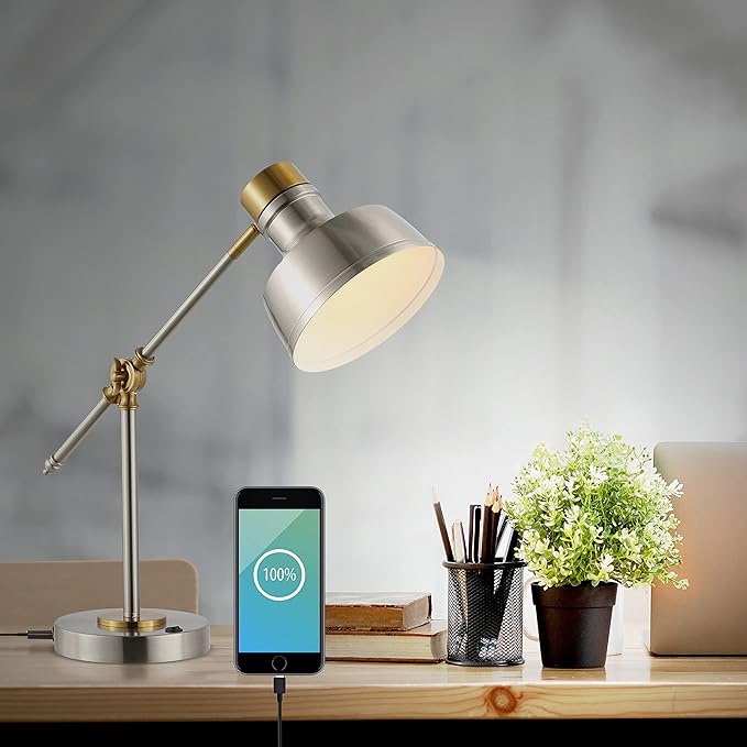 JONATHAN Y 18.5" Nickel/Brass Gold Adjustable Cantilever LED Task Lamp with USB Charging Port, Vintage Farmhouse Desk Lamp for Home Office Reading, Metal Shade (JYL7124B)