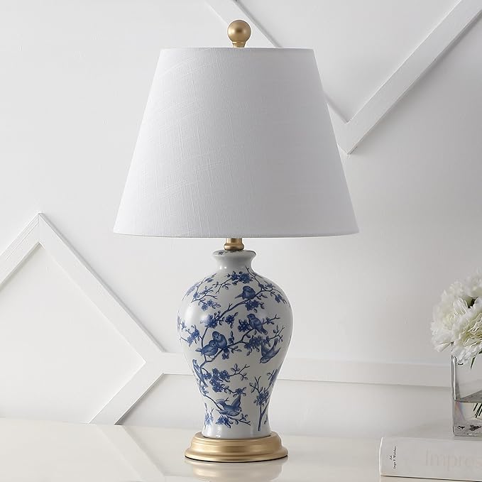 JONATHAN Y 24" Blue/White French Country Ceramic Floral Urn Table Lamp, White Linen Shade, Chinoiserie Ginger Jar Bedside Lamp for Living Room Bedroom, LED Bulb (JYL3009B)