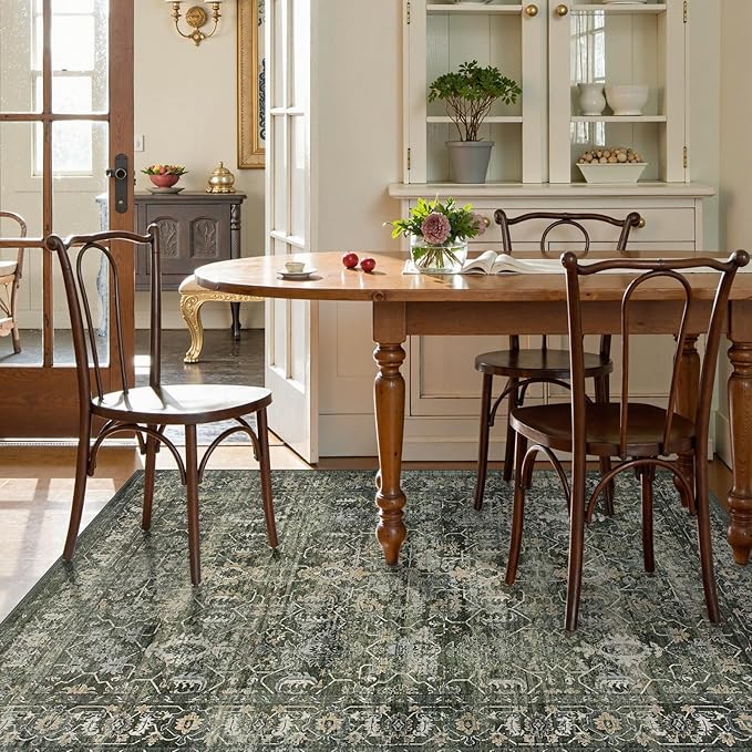 Lahome Washable Area Rugs 5x7 Green Rugs for Living Room,Boho Rug for Bedroom,Dining Room Carpet for Under Table, Distressed Non Slip Low Pile Carpet for Indoor Home Office Nursery(5'x7',Green)