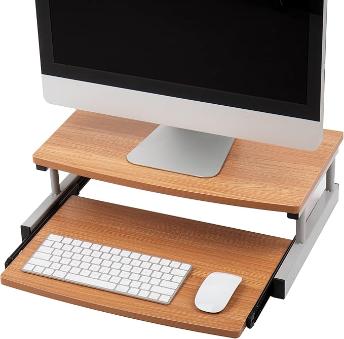 Mind Reader Monitor Stand, Sliding Keyboard Drawer, Laptop, Riser, Office, Wood/Metal, 20"L x 14.75"W x 5.9"H, Brown, Silver