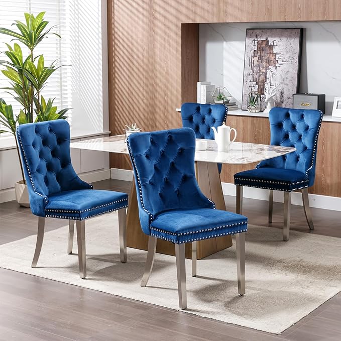 Luxury Upholstered Dining Chairs Set of 2, Blue Kitchen Chair with Silver Metal Legs, Velvet Tufted Back Dining Chair, Sillas de Comedor, Modern Kitchen & Dining Room Chairs (Blue, 2 Pcs)