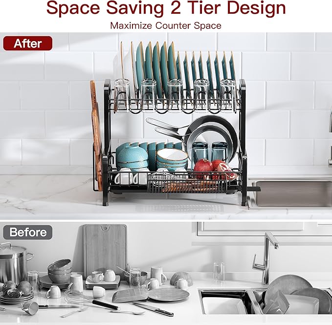 2 Tier Dish Drainers Drying Rack for Kitchen Counter Large Stainless Steel Dishes Drain with Drainboard, Space Saving, Big Modern Black Countertop Metal Plates Dryer Strainer Holder and Extra Tray