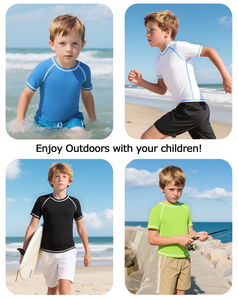 Roadbox Boys Rash Guard Short Sleeve Swim Shirt, UPF 50+ UV Water Shirts for Kids, Surf Fishing Sun Protection Rashguard