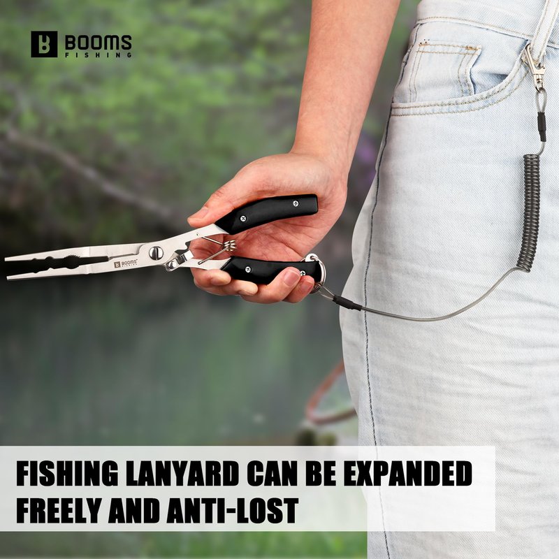 Booms Fishing Pliers Hook Remover: 8" Long Nose Fish Pliers Stainless Steel for Saltwater - Braid Line Cutters with Coiled Lanyard and Safety Lock Design, Multi-Function Fishing Tool For Men, H06