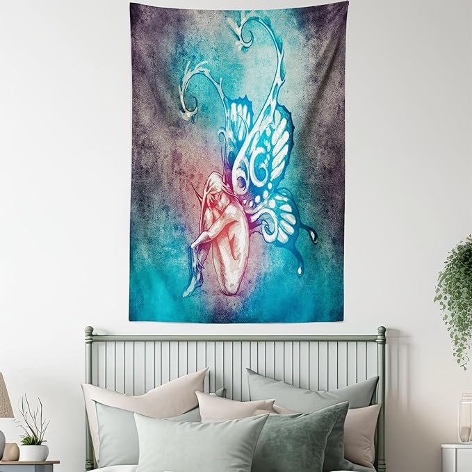 Ambesonne Butterfly Tapestry, with Butterfly Wings Renewal Female Rebirth Psyche Lightness of Being, Fabric Wall Hanging Decor for Bedroom Living Room Dorm, 23" X 28", Blue Purple