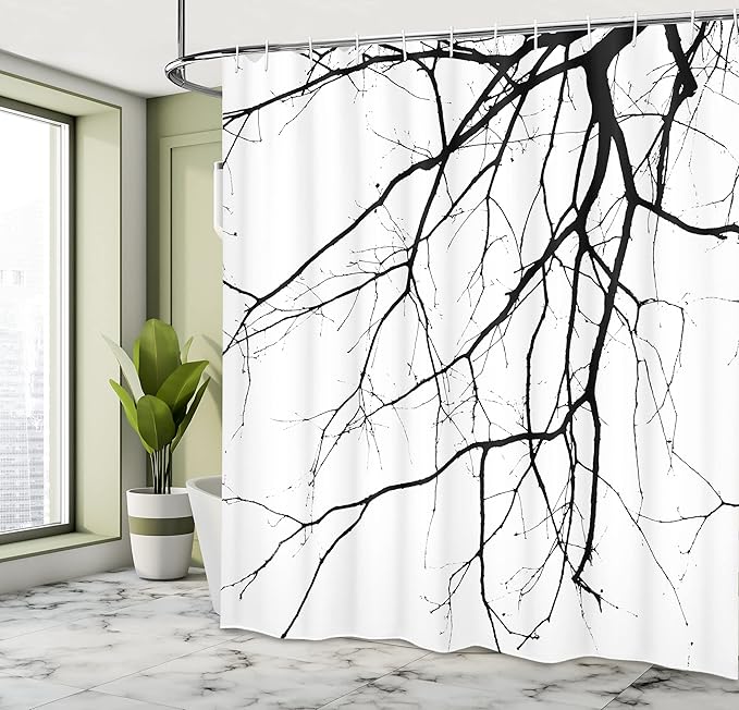 Ambesonne Black White Shower Curtain, Macro Leafless Winter Tree Branches Idyllic Twigs of Oak Nature Print, Cloth Fabric Bathroom Decor Set with Hooks, 69" W x 84" L, Black White