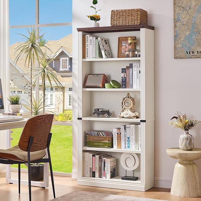 70" White Tall Bookshelf Set of 4,5-Tier Thick Wooden Book Shelf with Adjustable Shelves,Free Standing Farmhouse Bookcase with Open Display Storage,Floor Vintage Bookshelves for Living Room