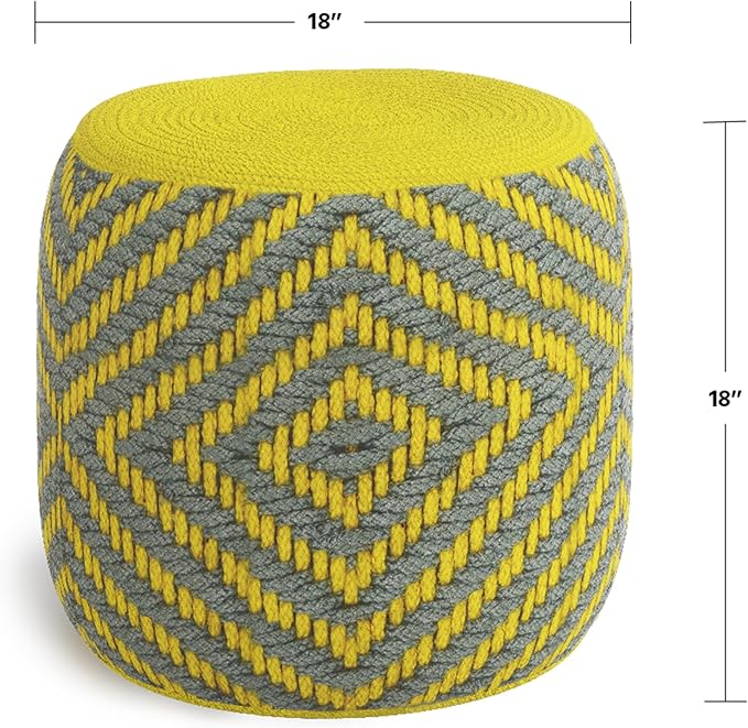SIMPLIHOME Kent Boho Round Woven Outdoor/ Indoor Pouf in Grey and Yellow Recycled PET Polyester for the Living Room, Bedroom and Kids Room