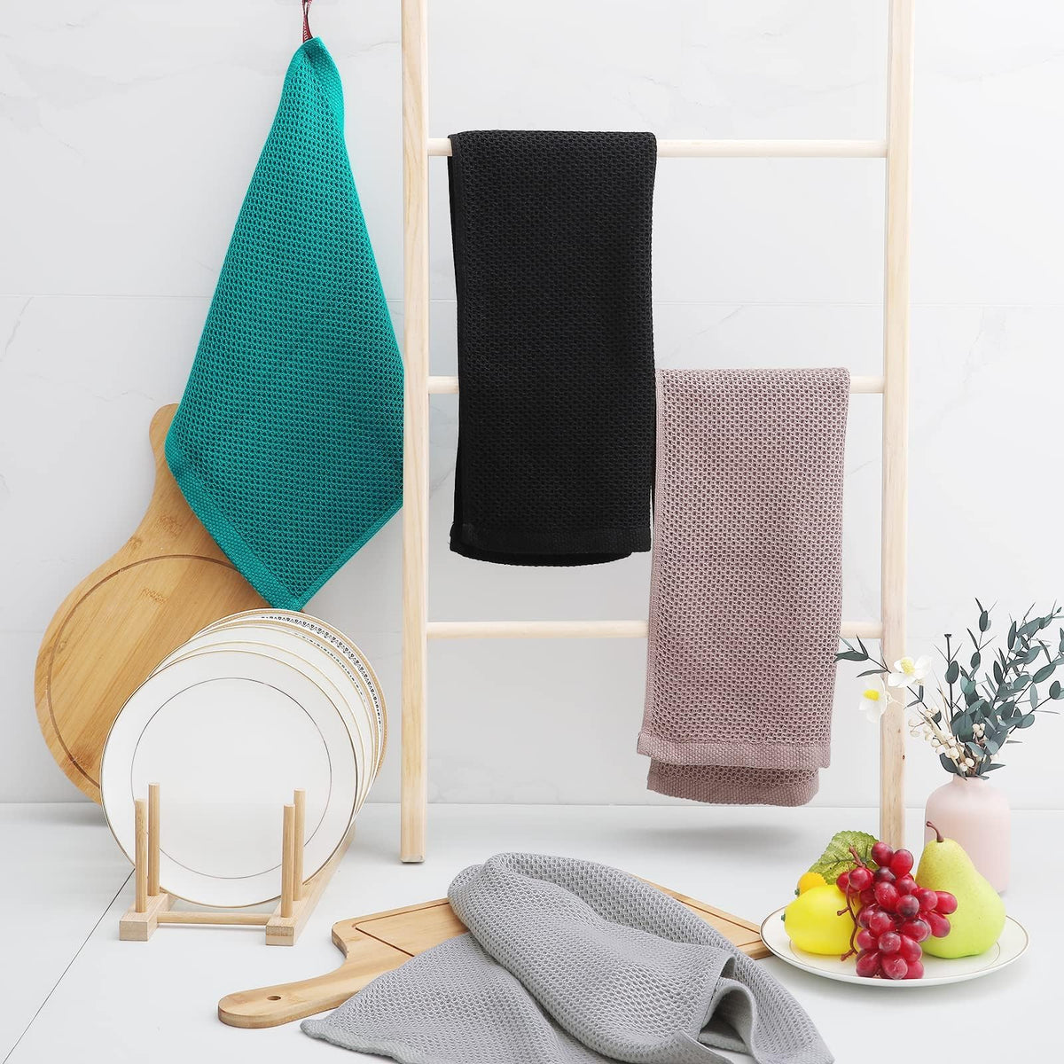 Homaxy 100% Cotton Waffle Weave Kitchen Dish Towels 18-Pack, Black