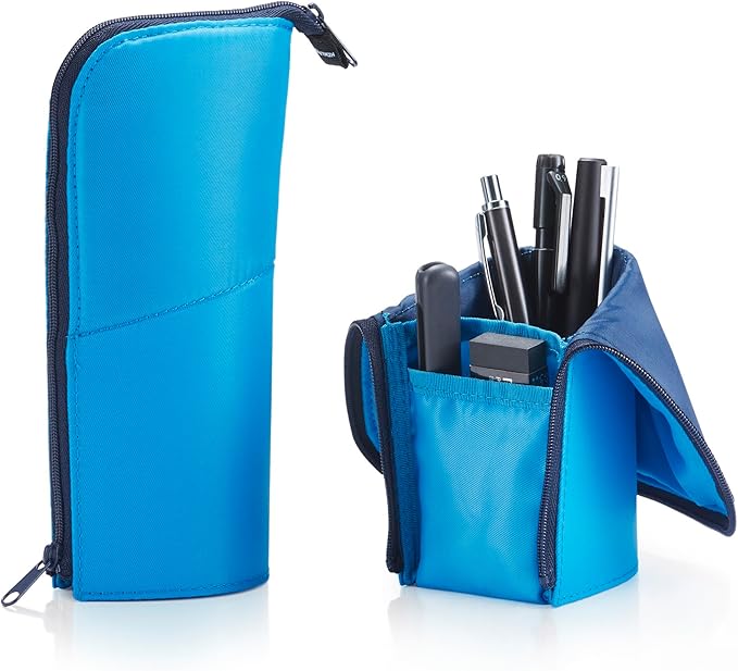 KOKUYO Pencil Case Pouch, Neo Critz Standing Pen Pouch Bag, Foldable Stand up Pencil Holder Organizer, Small Portable Pencil Box for School Office Supplies, Blue x Navy, Regular Size (F-VBF180-3)