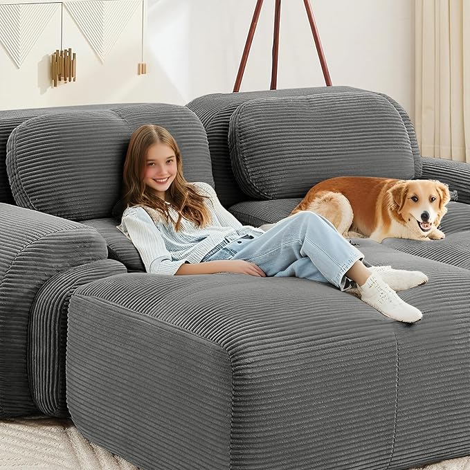 152" Modern Compressed Boneless Couch with Ottoman, 4 Seater Large L Shaped Sectional Couches for Living Room, Gray Corduroy Cloud Modular Sectional Sofa, Memory Foam, Extra Deep, No Assembly
