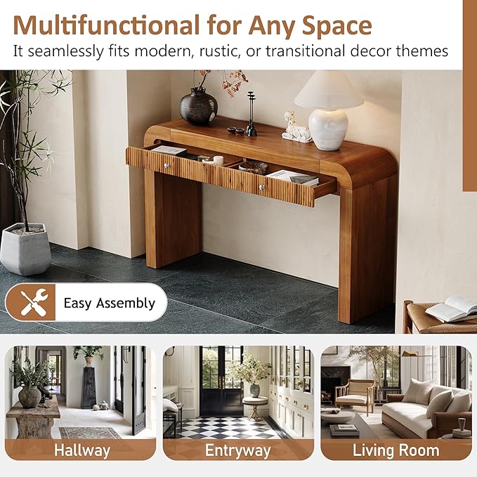 Farmhouse Modern Curved Console Table 54.3-Inch Sofa Entry Table Fluted Accent Tables with Storage Drawers for Living Room Entryway Hallway Furniture, Brown
