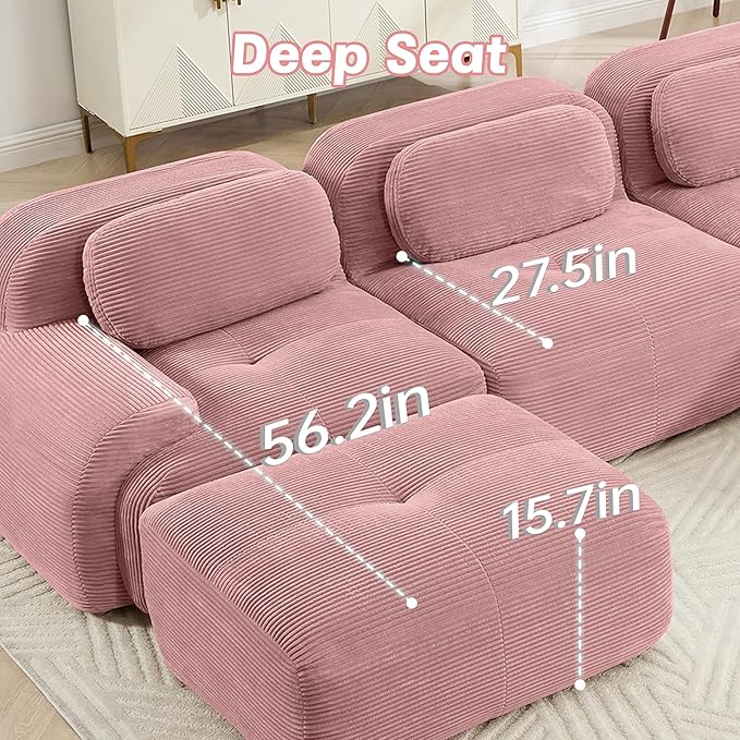 116" Modern Corduroy Cloud Sofa with Ottoman, U Shaped Boneless Modular Large Sectional Couches for Living Room, Pink 3 Seater Compressed Memory Foam Couch, Extra Deep Seat, No Assembly