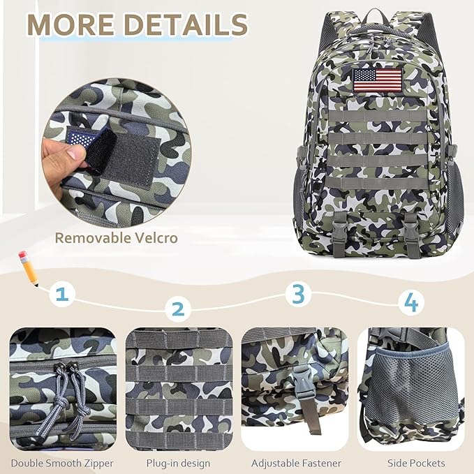 35L Camo Tactical Backpack for Boys - Waterproof 19'' Kids Bookbag with 15.6" Laptop Compartment, MOLLE System School Bag for Camping Hiking Travel