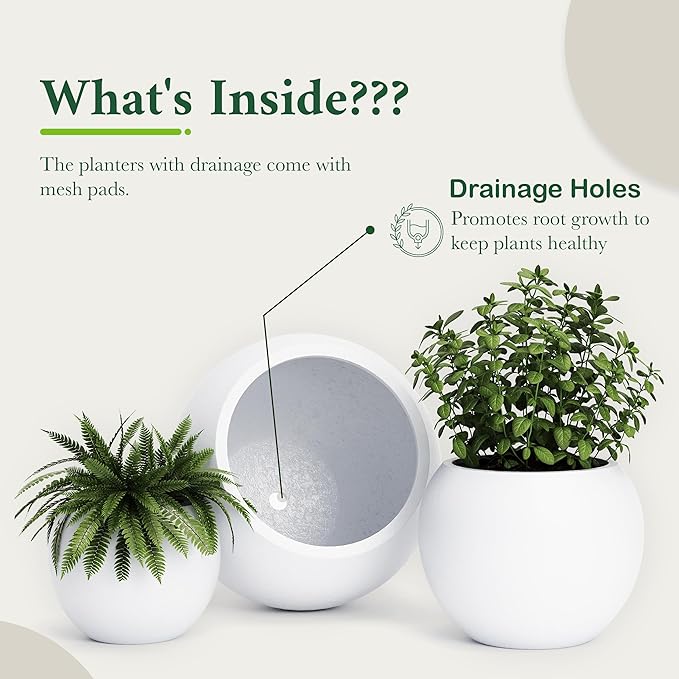 DTY Signature Mount Sherman Modern Indoor Outdoor Fiberstone Sphere Planter, Durable Round Garden Pot, Weather Resistant, Drainage Hole & Rubber Plug, Planter for Christmas Tree - Small, White