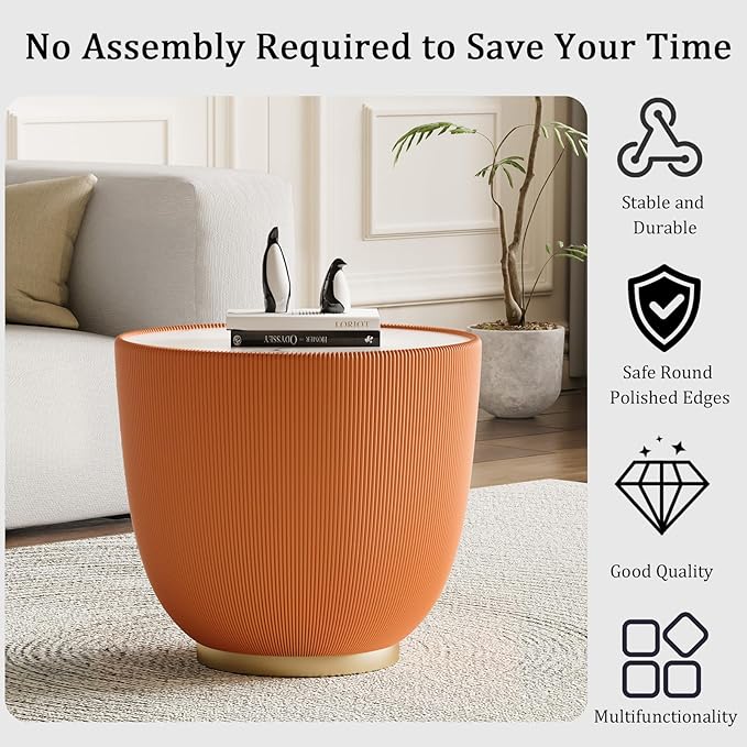 Round Coffee Table Set with Sintered Stone Tabletop, 29.53" Orange Drum Center Table and 19.69" Orange Coffee Table Set, 2 Pieces Living Room Table Set with Fluted PU Leather Cover&Metal Base