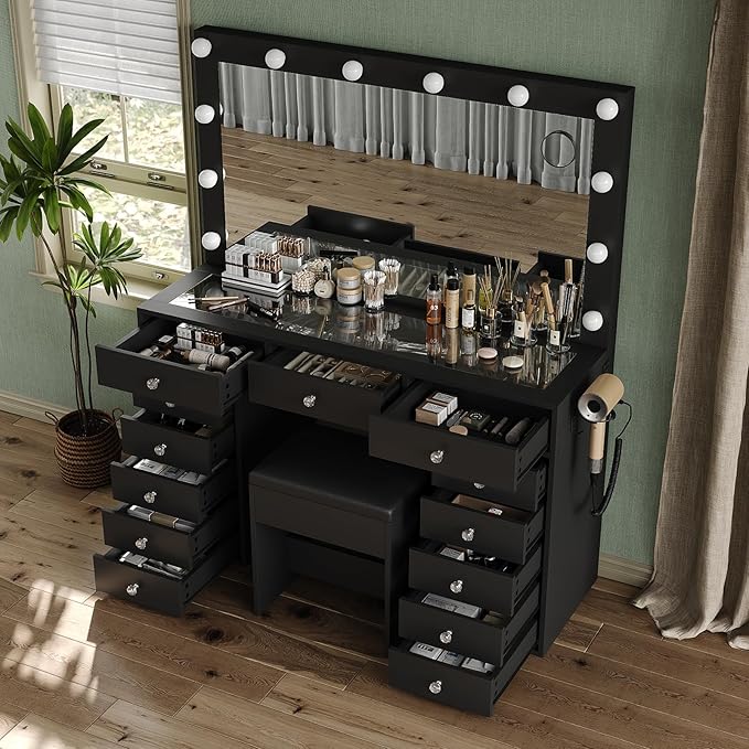 Vanity Desk with Mirror and Lights, 13 Drawers Makeup Vanity with Glass Top, 3 Color Lighting Modes, Makeup Vanity with Chair for Bedroom (Black)