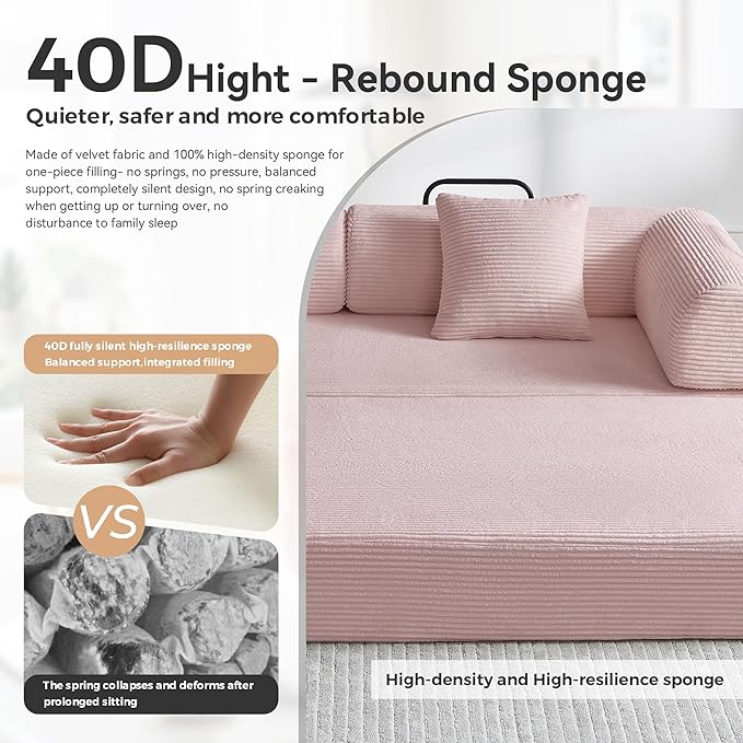 Compression Sofa, Cloud Sectional Sofa,Sofa Bed, Boneless Modular Sectional Sofa with 2 Pillow, Comfy Fluffy Couch with Futon Bed, Perfect for Living Room, Small Space (Pink)