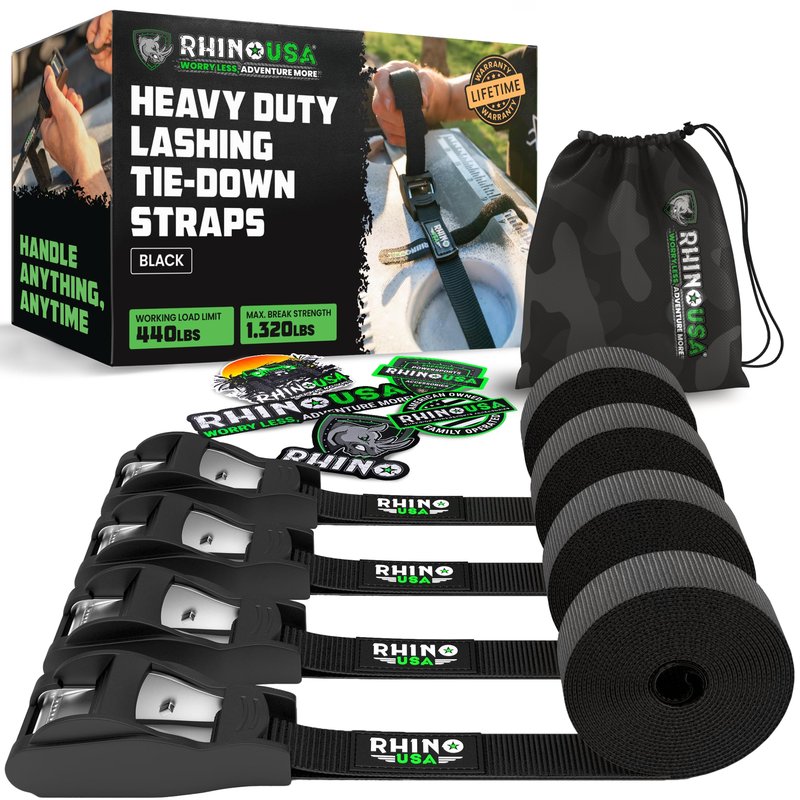 Rhino USA Lashing Straps Cargo Tie Downs (4PK) - 1,320lb lab Inspected Max Break Strength, Includes (4) Heavy Duty 1in x 12ft Cam Buckle Pull Straps. Best for Kayak, Cooler, Cargo