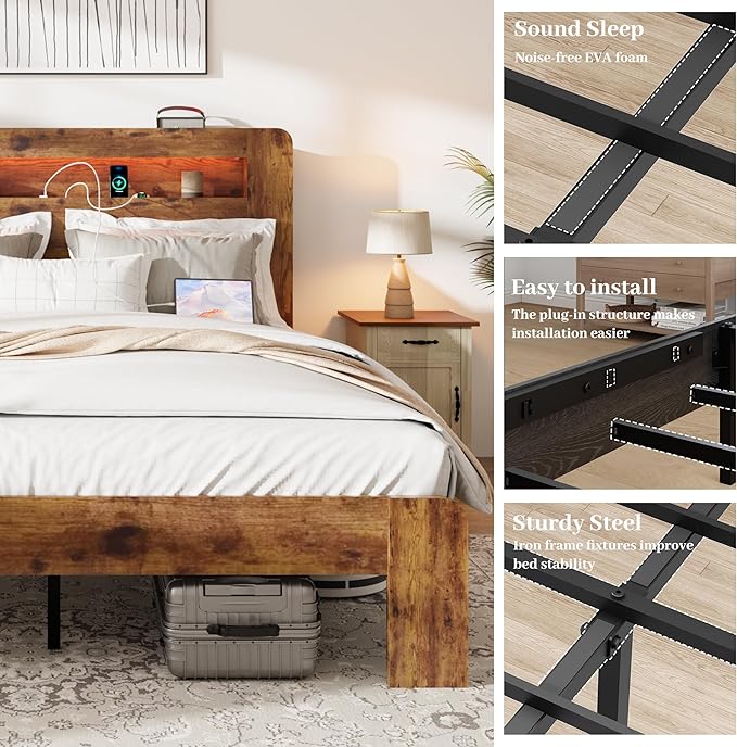 Wood Queen Size Bed Frame with Headboard, Farmhouse Platform Bed Frame with Bookcase Shelf,LED Lights,Charging Station,Heavy Duty Supports,No Box Spring Needed,Dark Brown