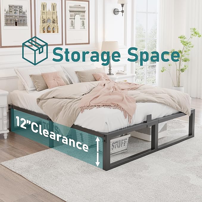 King Bed Frame, 14 Inch High 3500 lbs Metal Platform, Mattress Foundation with Steel Slat Support/No Box Spring Needed/Noise Free/Non-Slip/Easy Assembly