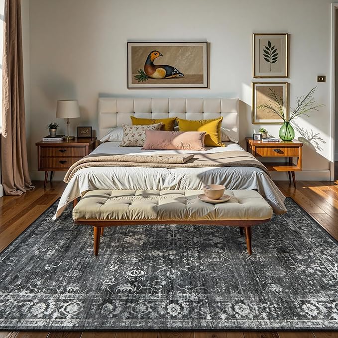 Lahome 6x9 Area Rugs Washable Rugs for Bedroom Large Black Area Rug for Bedroom,Soft Vintage Distressed Rug Non Slip Stain Resistant Indoor Carpet for Dining Decor