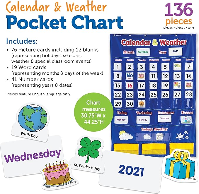 Learning Resources Calendar & Weather Pocket Chart - Classroom Must Haves, Teacher Supplies, Back To School, Daily Routine For Kids, Kindergarten and Homeschool Essentials, Vocabulary Flash Cards