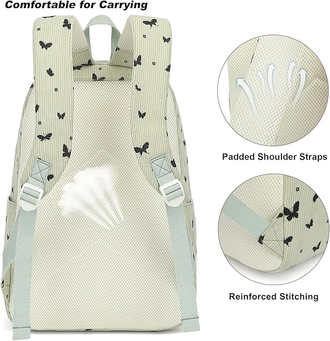 Corduroy Girls Backpack Set, 3PCS School Backpacks for Kids Elementary Middle School Bags with Lunch Box Pencil Case (Green Corduroy Butterfly)