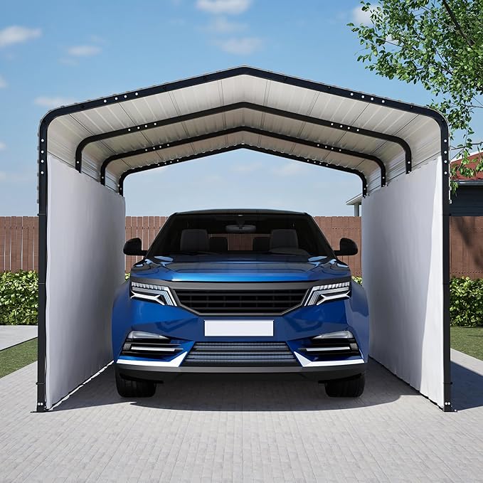 Metal Carport Kit 10x15 FT Heavy Duty Galvanized Garage Shed for Car Truck Boat Outdoor All Weather Sunshade Canopy Tent Car Shelter with Tarpaulin Sidewalls Enhanced Base Sloped Top