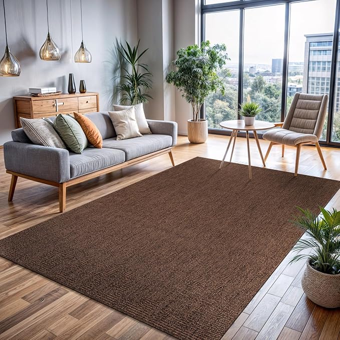CAMILSON Easy Jute Rug 6x9, Indoor Outdoor Brown Color Fiber Area Rugs for Living Room Patio and Kitchen Rug, Solid Boho Woven Design, Easy-Cleaning, Washable Outside Carpet Alfombras (6 x 9)
