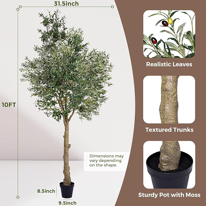 Artificial Olive Tree 10FT, Indoor Fake Silk Plant with Realistic Trunk, Leaves, Fruits and White Planter, Faux Potted Tree for Home Decor and Housewarming Gift, 1 Pack