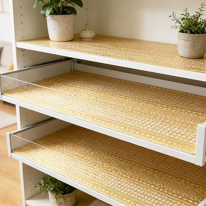 Drawer and Shelf Liner - Gold Geometric Lace Pattern,Non Adhesive Non Slip Waterproof Easy-Clean Shelf Liner for Kitchen Cabinet, Refrigerator, Bathroom, Pantry Storage Drawers, 12 in x 20 Ft