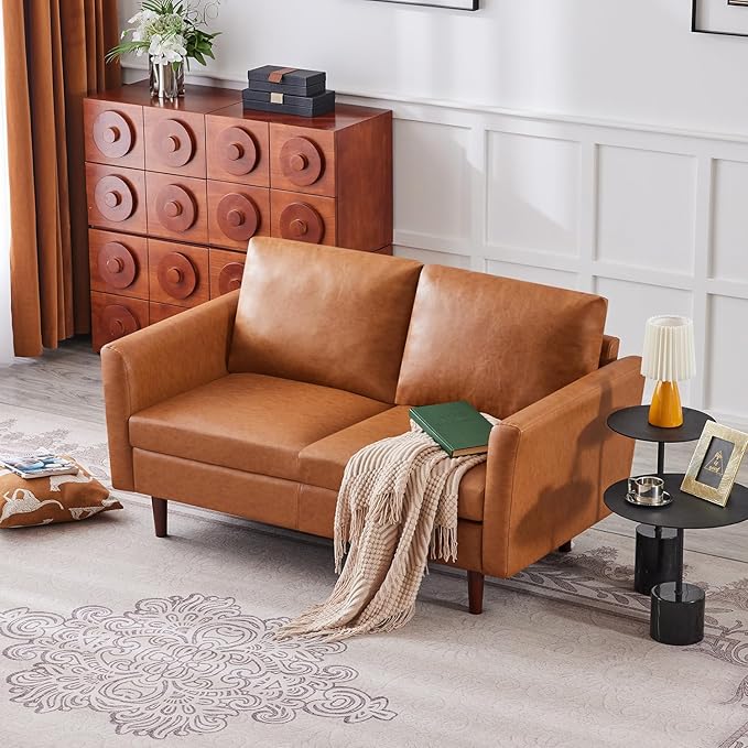 Kingfun Faux Leather 2 Seat Couch for Living Room, Mid Century Modern Sofa with Rolled Arms and Deep Seats, Fluffy Comfort for Apartment, Easy to Assemble, Mid Brown