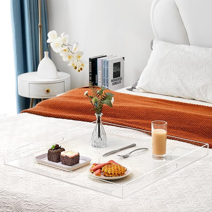 20×20 inches Oversized Clear Acrylic Ottoman Tray Extra Large Decorative Tray Spill-Proof Serving Trays with Handles King-Size Safe Edge Organizer for Coffee Table Countertop Breakfast
