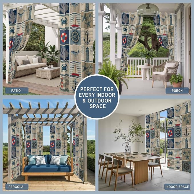 Oceans Outdoor Curtains for Patio Shell Starfish Whales Summer Vintage