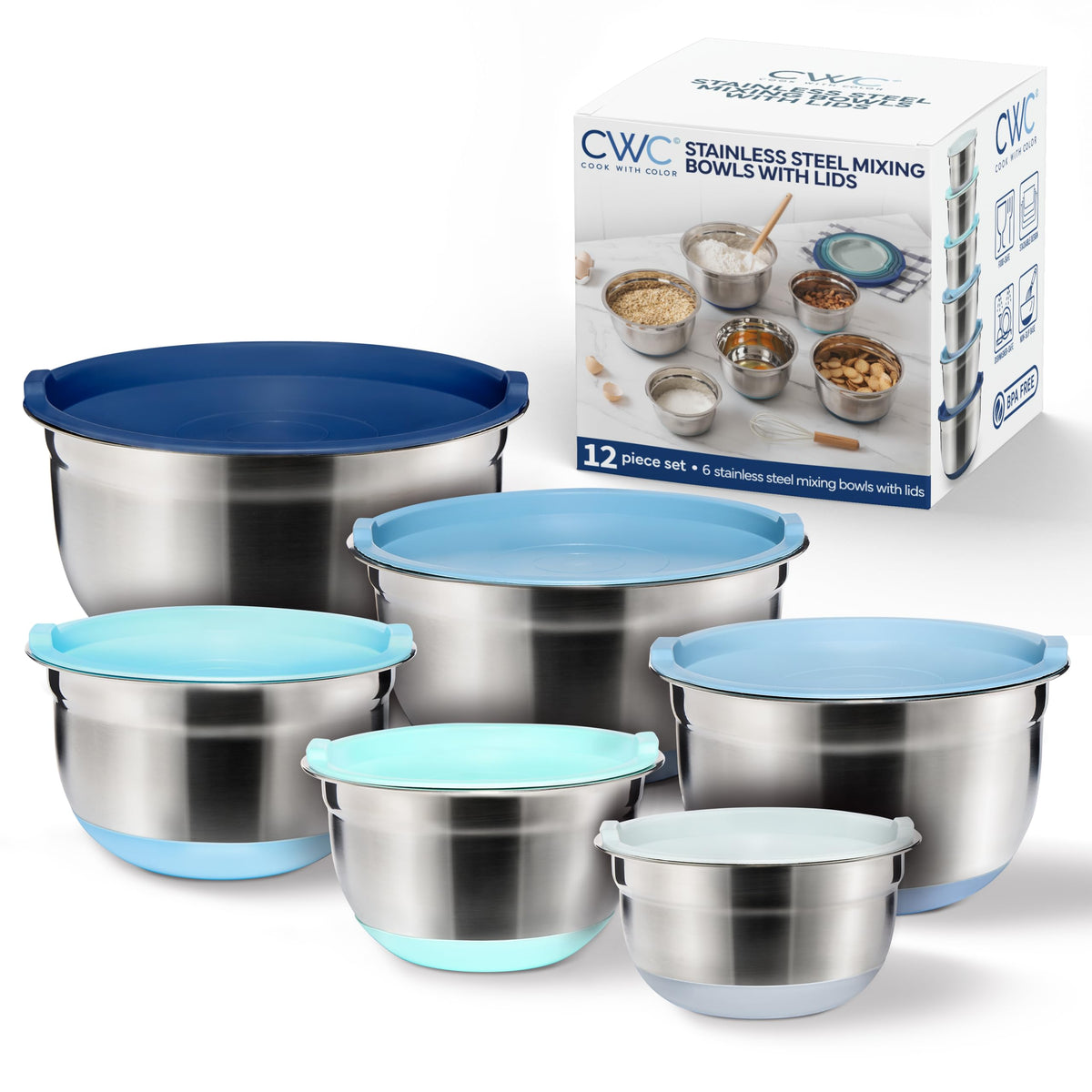 COOK WITH COLOR Stainless Steel Mixing Bowls Set with Lids - Nesting Bowls with Non-Slip Bottom, Grey, 12 Pieces