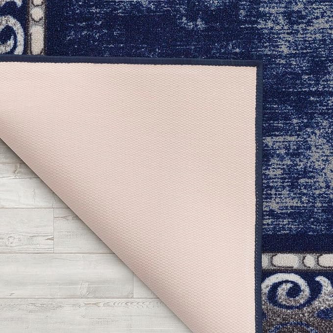 Antep Rugs Alfombras Bordered Modern 4x6 Non-Slip (Non-Skid) Low Pile Rubber Backing Indoor Area Rug (Navy, 4' x 5'8")