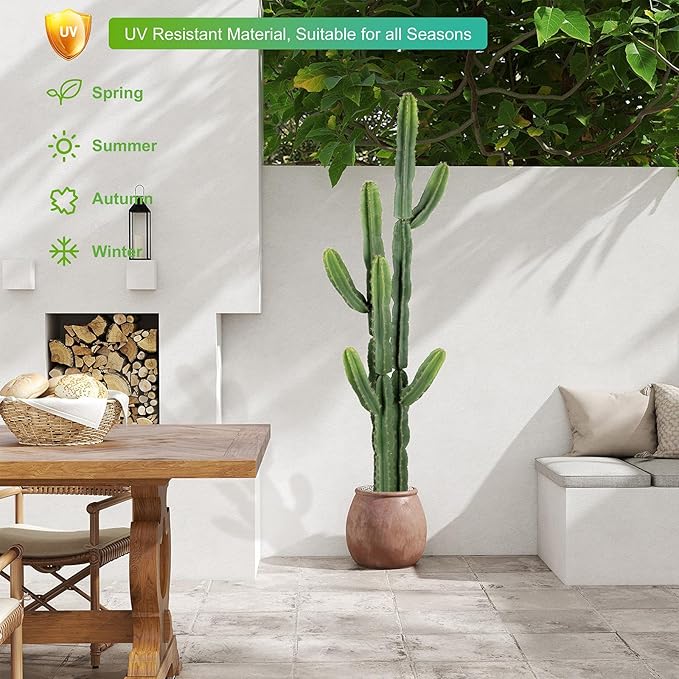 UV-Resistant Artificial Fake Cactus Plants 6ft – Large Faux Cowboy Cactus for Indoor & Outdoor Home, Office, or Garden Decor