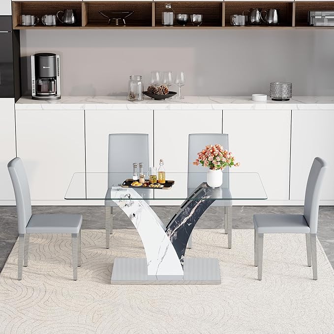 Glass Dining Table Set for 4, 63” Kitchen Table Set for 4, Modern Dining Room Table Set with Upholstered Chairs, Tempered Glass Tabletop with Y Shape Base
