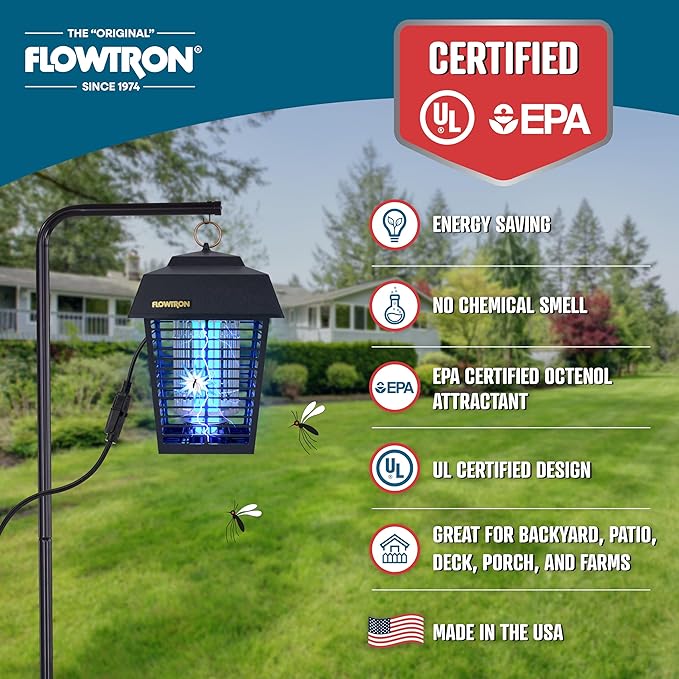 Flowtron Electric Bug Zapper 1/2 Acre Outdoor Insect Control with Dual Lure Method, 15W UV Light & Octenol Attractant for Fly & Mosquito, 5600V Kill Grid, Made in USA, UL Certified