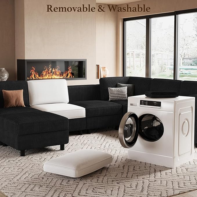 114.2" 5 Seater Modular Sofa with Deep Storage Seat,Corduroy Convertible L Shaped Sectional Couch,Modular Couch with Movable Ottoman Chaise,Upholstered Sectional Couches for Living Room,Black