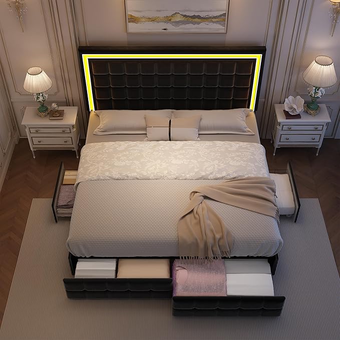 Full Led Bed Frame with 4 Storage Drawers, Bed Frame with Led Lights No Box Spring Needed, Supports 900 lbs, Easy Assembly, Quiet and Sturdy Design, Velvet Black