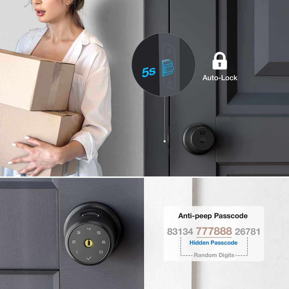 ThorBolt G1 Fingerprint Door Knob Lock with Keypad Biometric Door Knob Auto-Lock 4* AAA Alkaline Batteries Interior Door Lock for Bedroom, Garage, Office, Pantry Door Desert Titanium