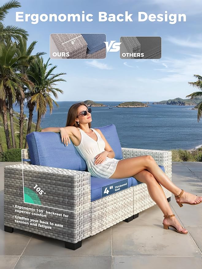10 Piece Outdoor Wicker Rattan Sectional Sofa Set with Swivel Chairs & Fire Pit Table, 7-Seats with 4" Thickened Cushions & Coffee Table, All-Weather PE Rattan for Garden, Backyard, Porch, Blue