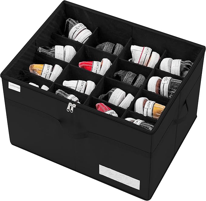 Luvhomee Shoe Storage Organizer, Fits 16 Pairs, Large Shoe Organizer Box for Closet, Clear Foldable Shoes Containers w/Bottom Support, Space Saving Shoe Cubby Storage Boxes w/Reinforced Handles, Black