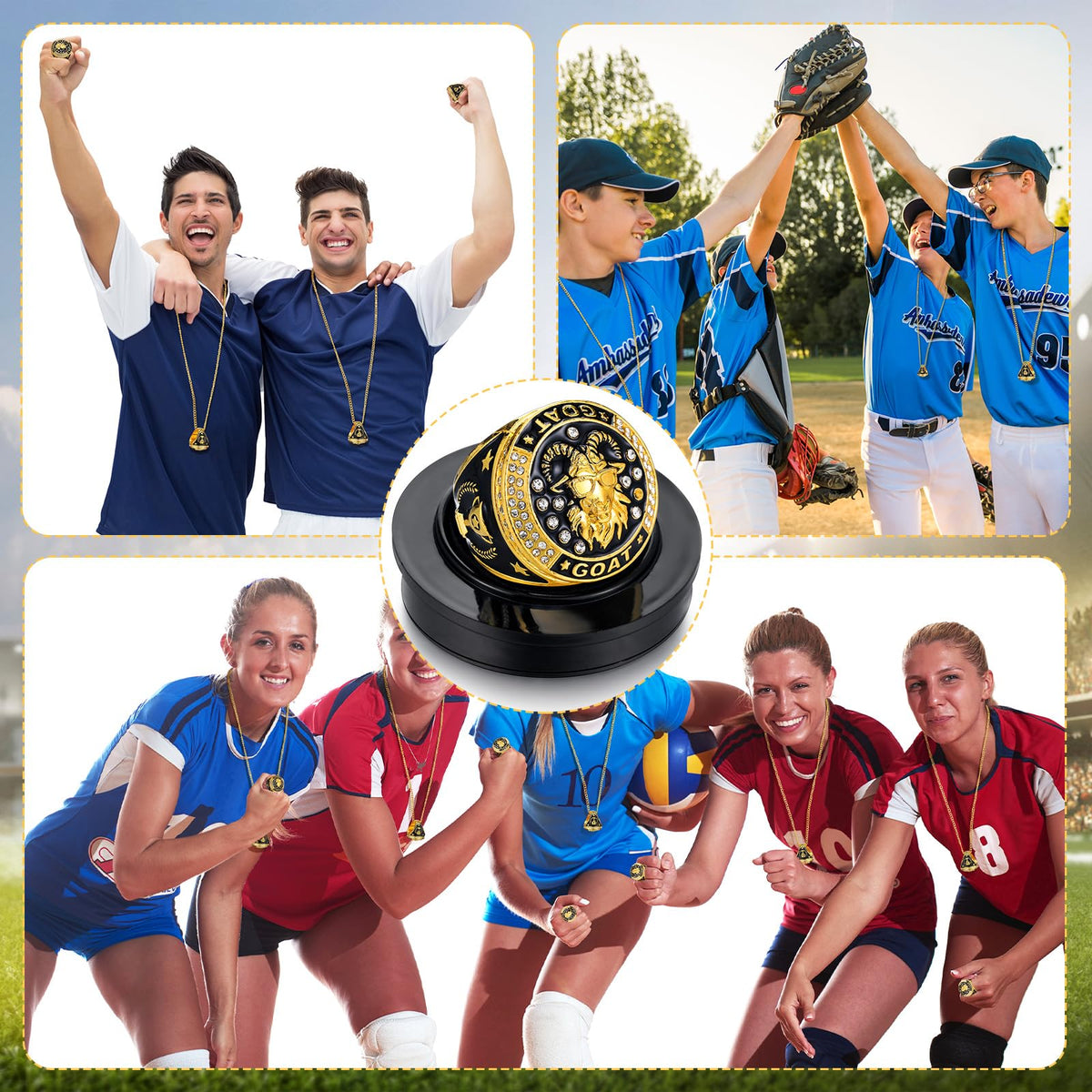 Highergo 1 Pc Goat Championship Trophy Ring with Display Neck Chain and Stand Goat Medal Award Gift for Tournament or League Champion Winner Sports Award (Glasses)